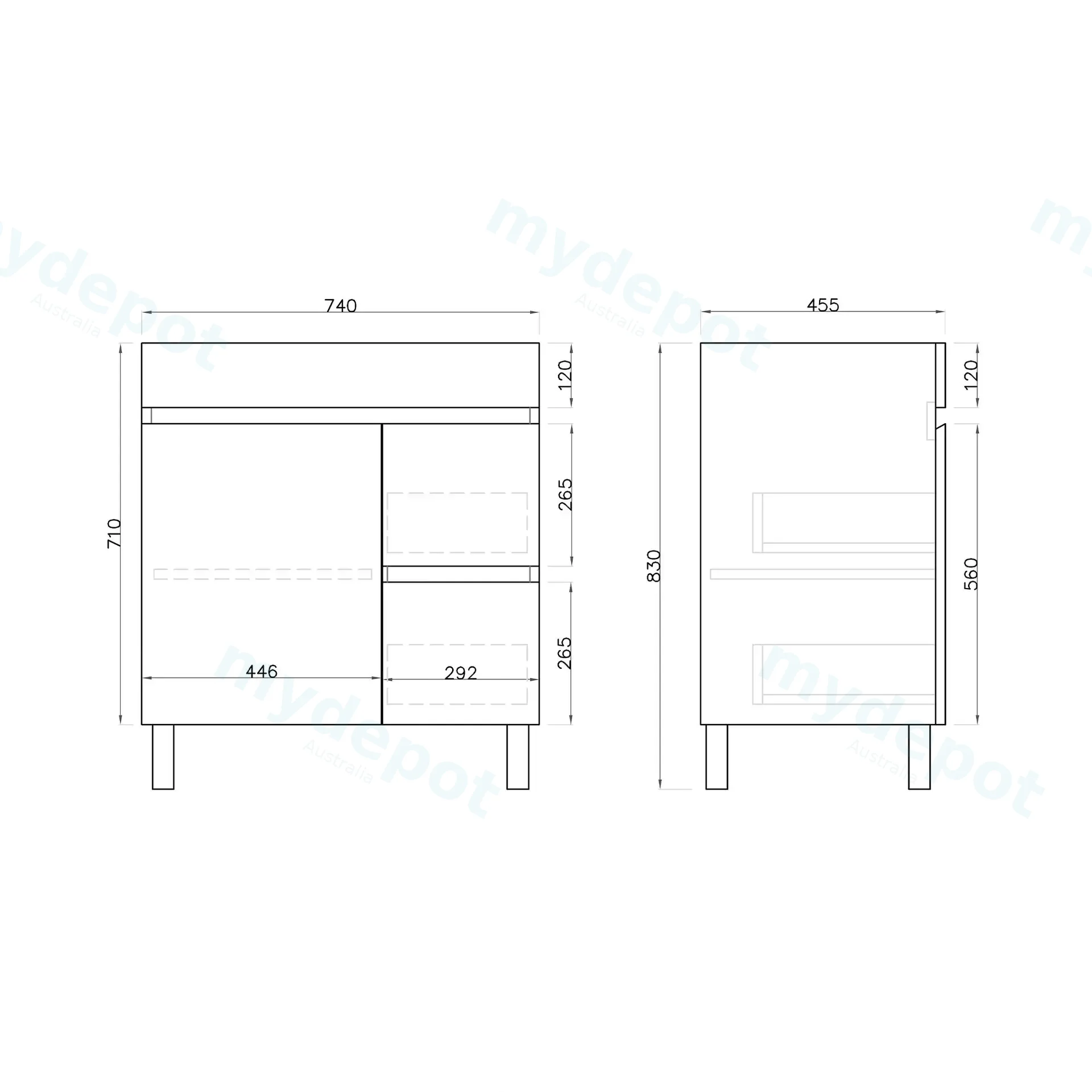 750mm Freestanding Bathroom Vanity Cabinet Only PVC Right Drawer Gloss White view 5