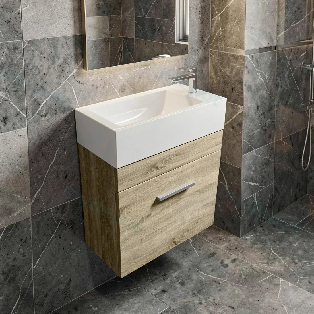 500mm White Oak MDF 1 Door Wall Hung Bathroom Vanity Cabinet Only view 6