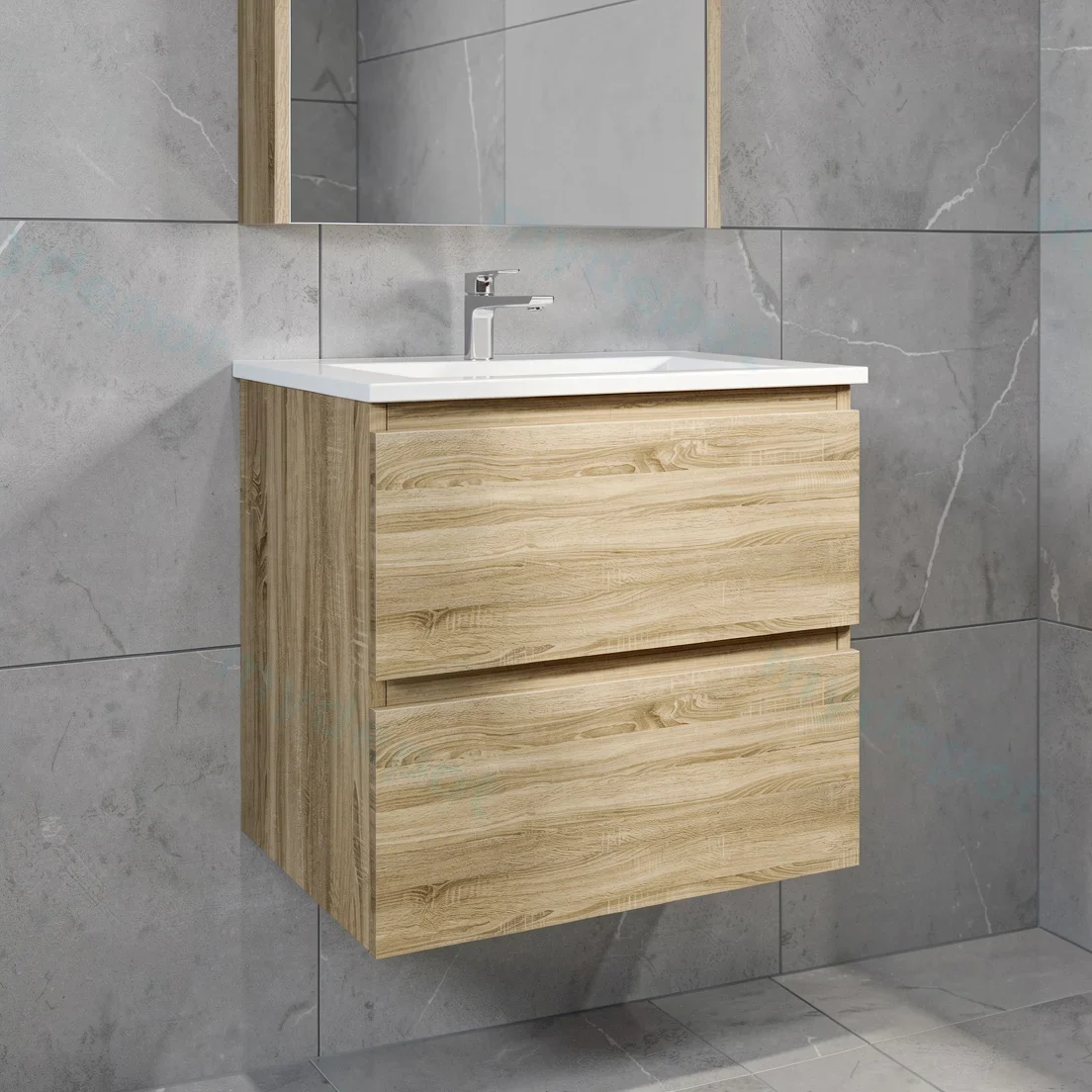 600mm White Oak MDF 2 Drawers Wall Hung Bathroom Vanity Cabinet Only view 8