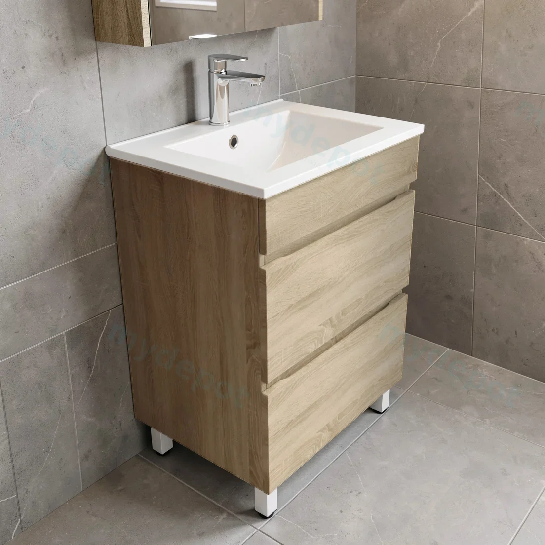 600mm White Oak MDF 2 Drawers Wall Hung Bathroom Vanity Cabinet Only view 9