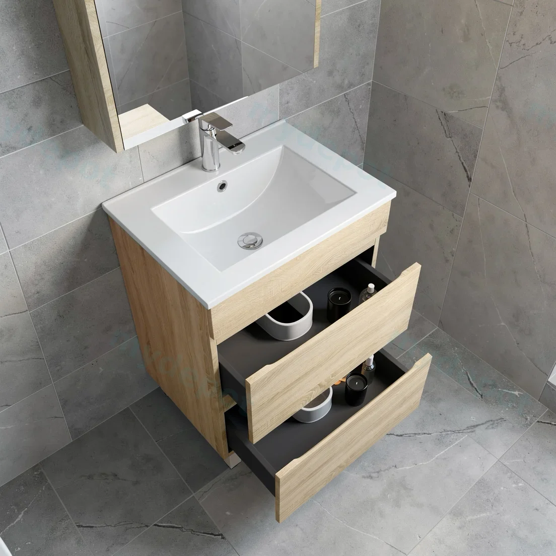 600mm White Oak MDF 2 Drawers Wall Hung Bathroom Vanity Cabinet Only view 10