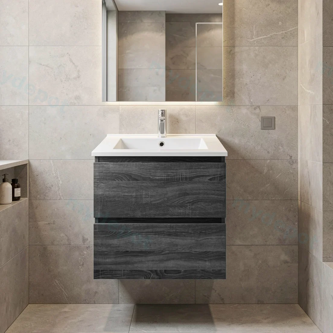 600mm Dark Grey MDF 2 Drawers Wall Hung Bathroom Vanity Cabinet Only view 9