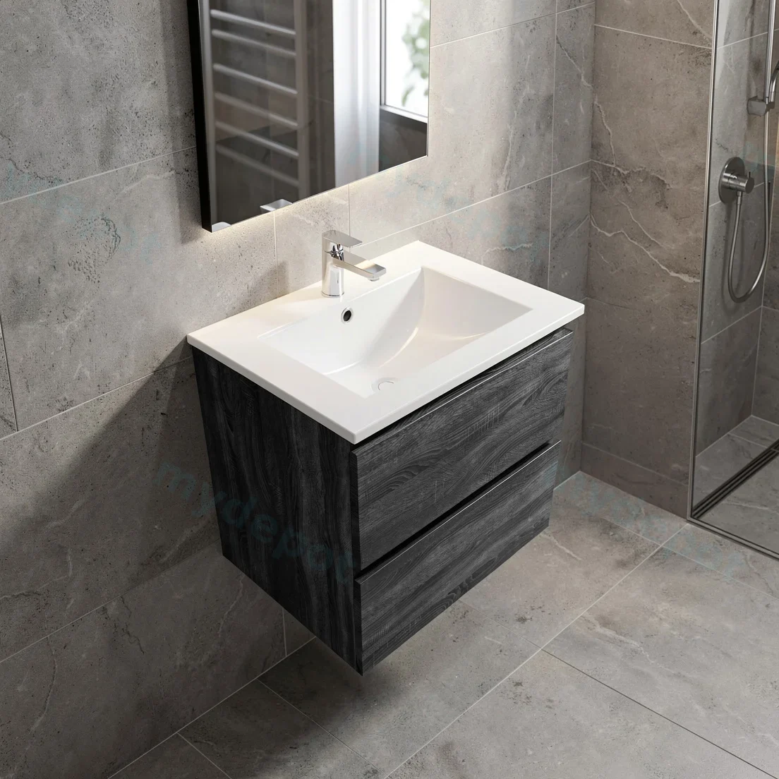 600mm Dark Grey MDF 2 Drawers Wall Hung Bathroom Vanity Cabinet Only view 10