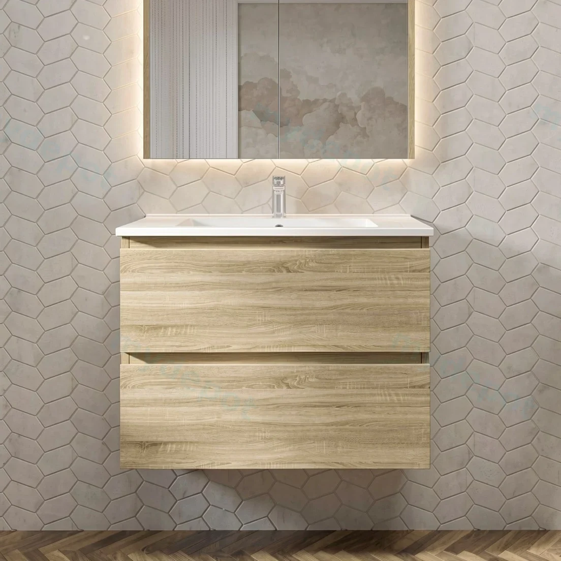 750mm White Oak MDF 2 Drawers Wall Hung Bathroom Vanity Cabinet Only view 2