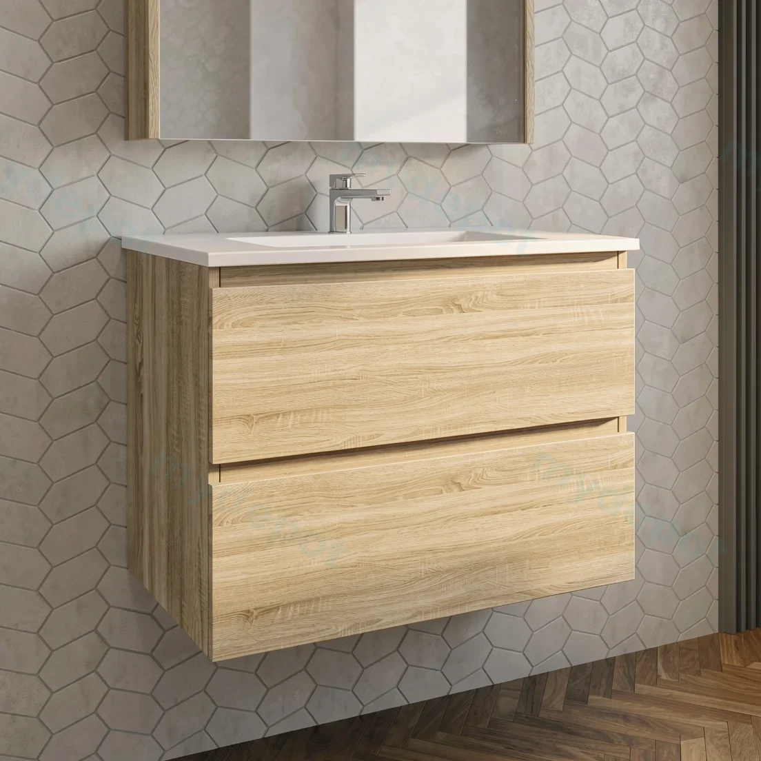 750mm White Oak MDF 2 Drawers Wall Hung Bathroom Vanity Cabinet Only view 3