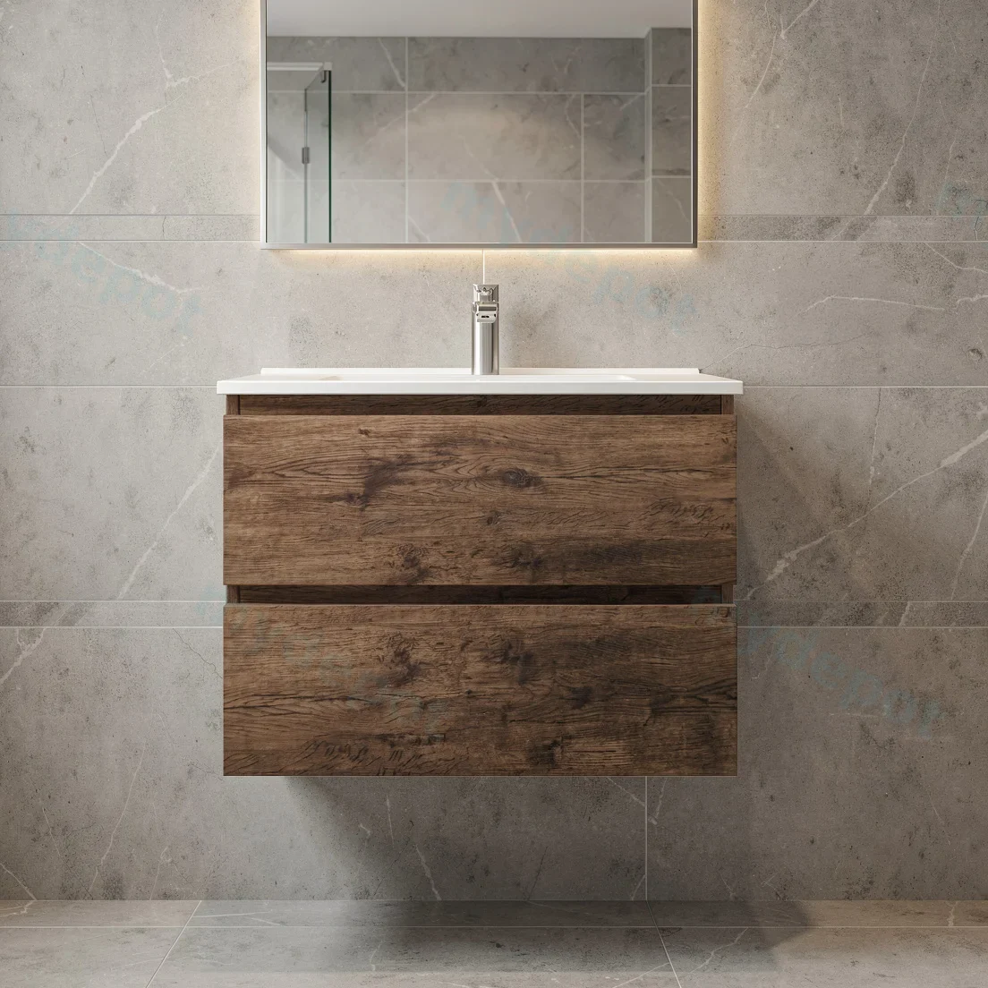 750mm Dark Oak MDF 2 Drawers Wall Hung Bathroom Vanity Cabinet Only view 2