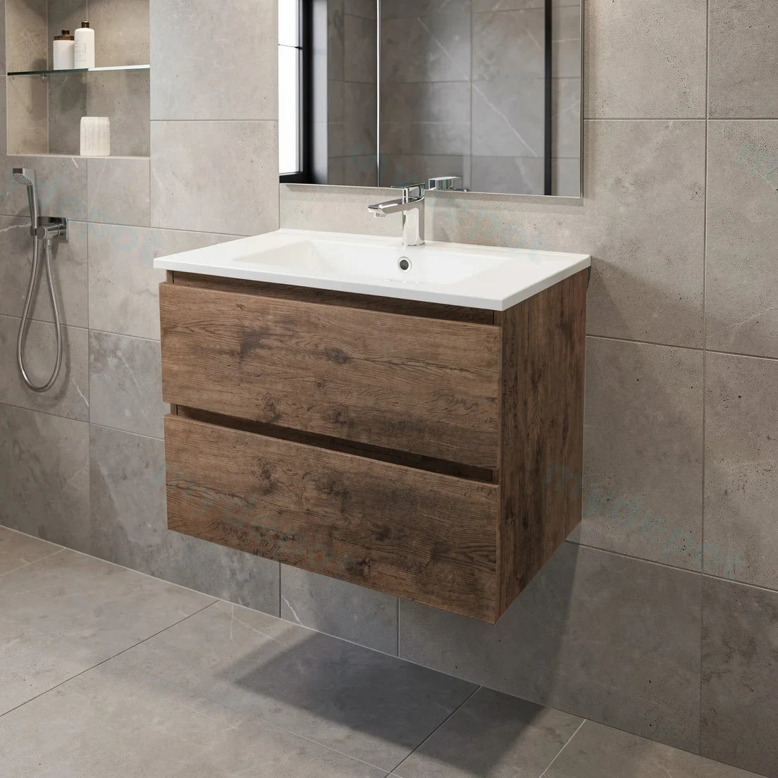 750mm Dark Oak MDF 2 Drawers Wall Hung Bathroom Vanity Cabinet Only view 3