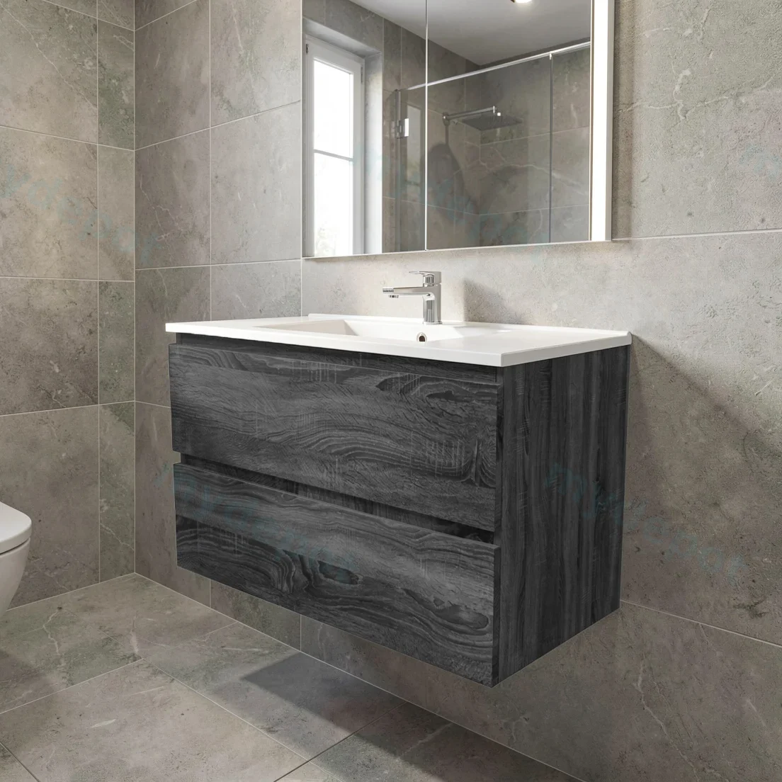 900Lx550Hx450Dmm Dark Grey MDF Board with PVC Vacuum Filmed 2/DW Wall Hung Vanity view 3