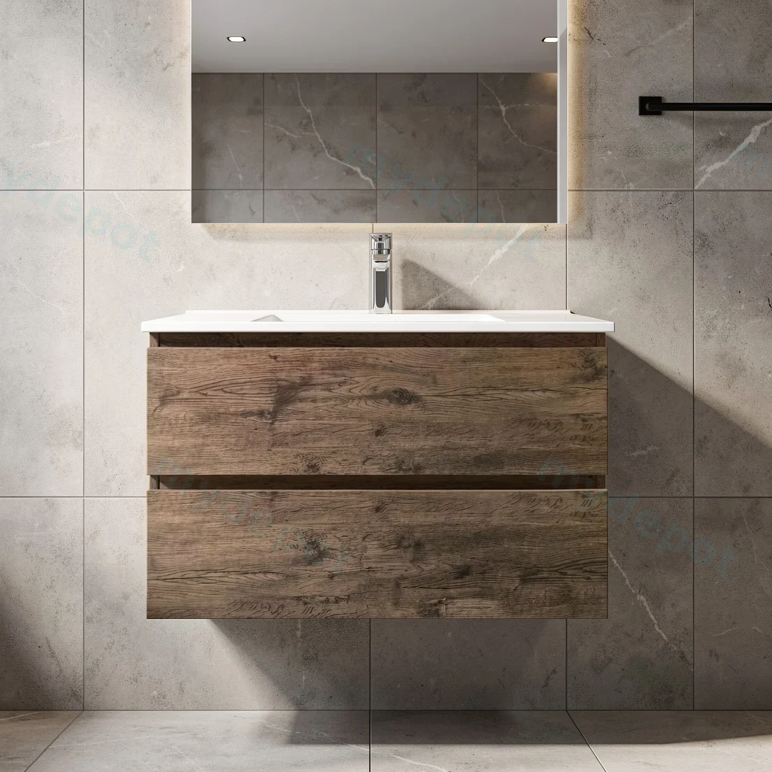 900Lx550Hx450Dmm Dark Oak MDF Board with PVC Vacuum Filmed 2/DW Wall Hung Vanity view 2