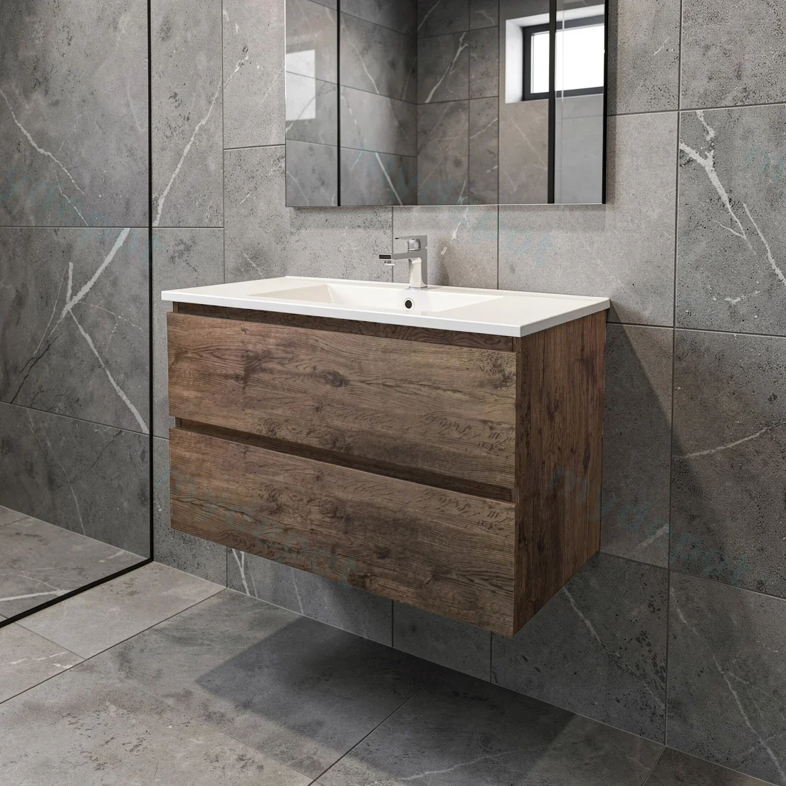 900Lx550Hx450Dmm Dark Oak MDF Board with PVC Vacuum Filmed 2/DW Wall Hung Vanity view 3