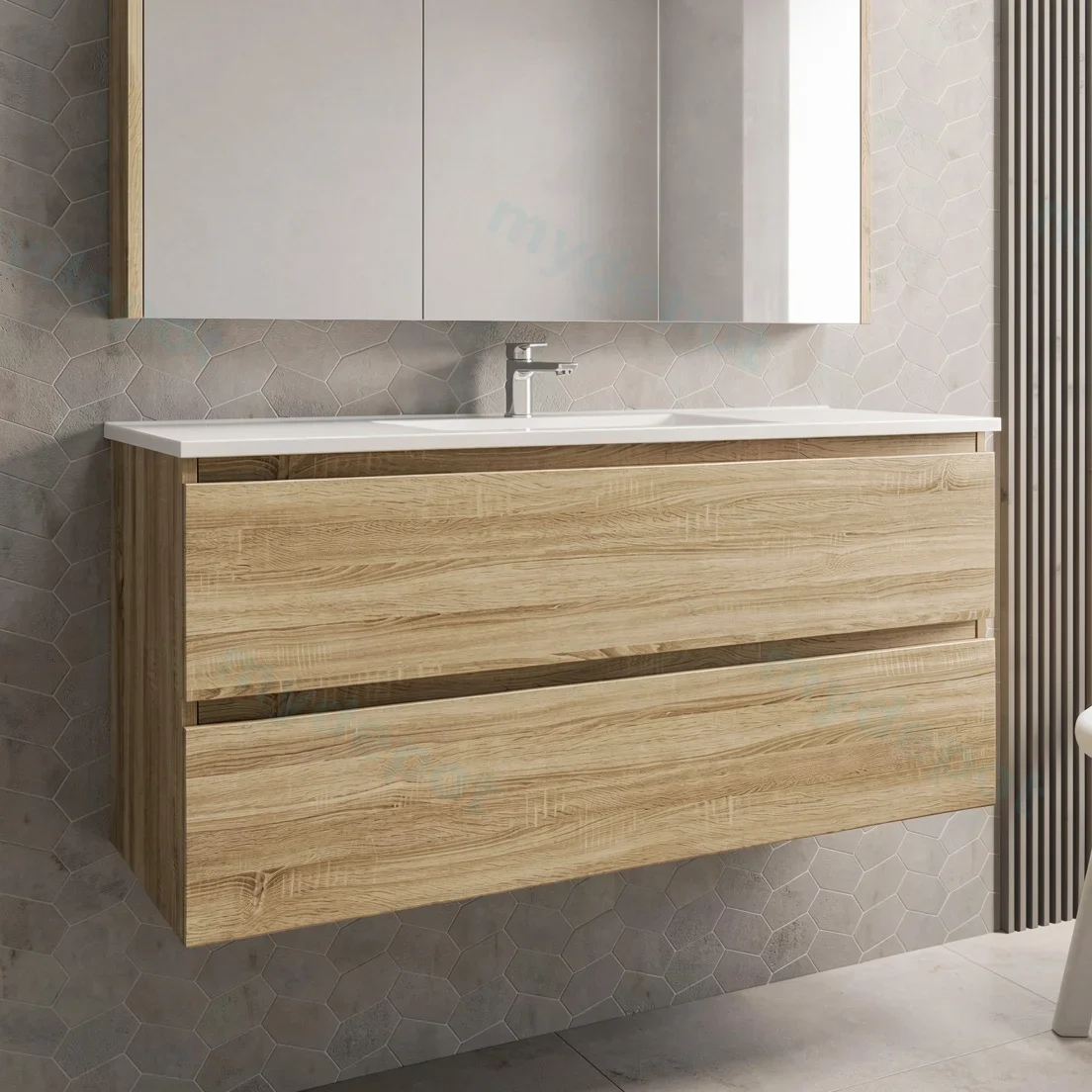 1200mm White Oak MDF 2 Drawers Wall Hung Bathroom Vanity Cabinet Only view 2