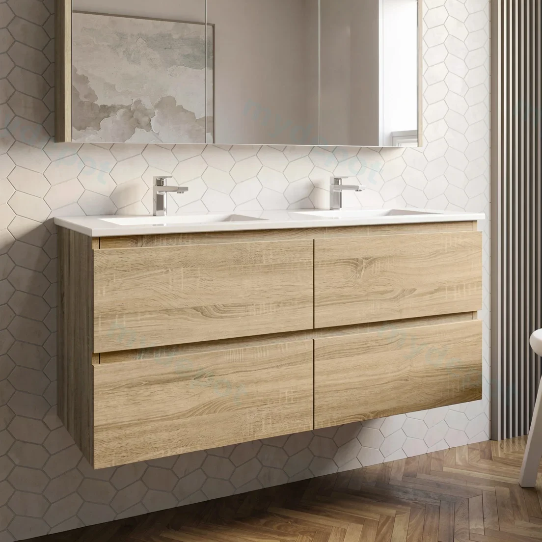 1200mm White Oak MDF 4 Drawers Wall Hung Bathroom Vanity Cabinet Only view 2