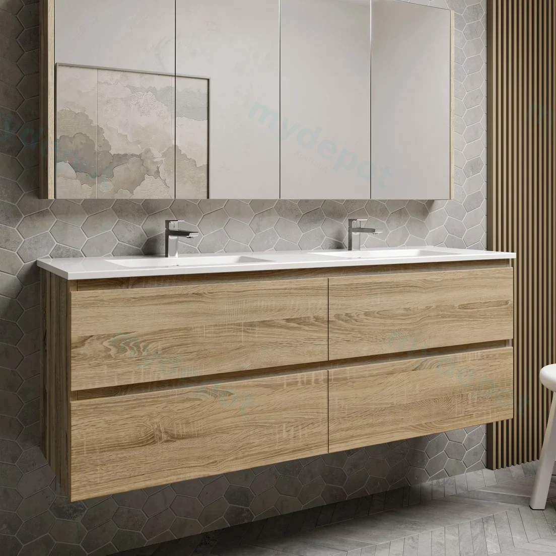 1500mm White Oak MDF 4 Drawers Wall Hung Bathroom Vanity Cabinet Only view 2