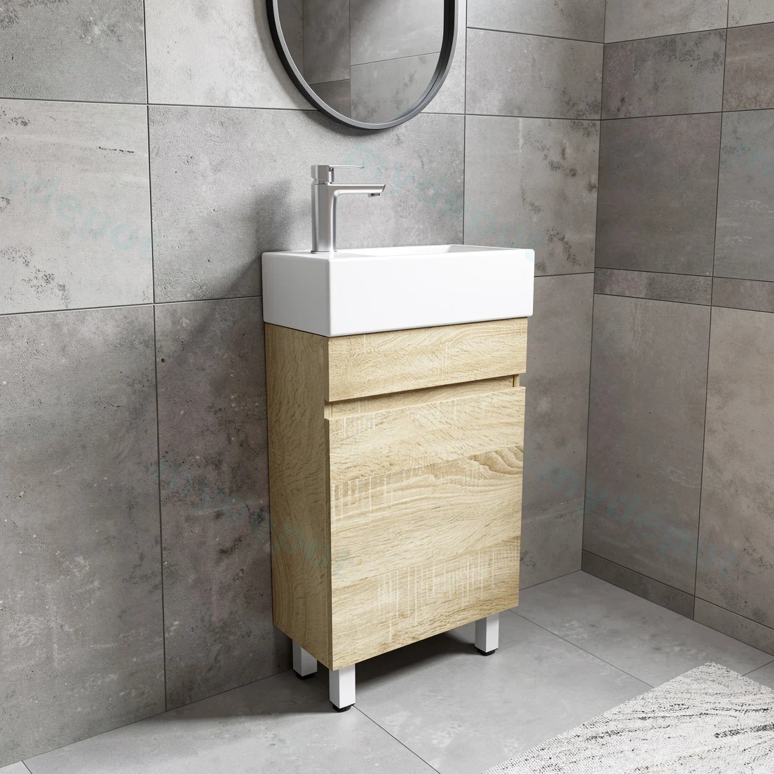 500mm White Oak MDF 1 Door Freestanding Bathroom Vanity Cabinet Only view 3