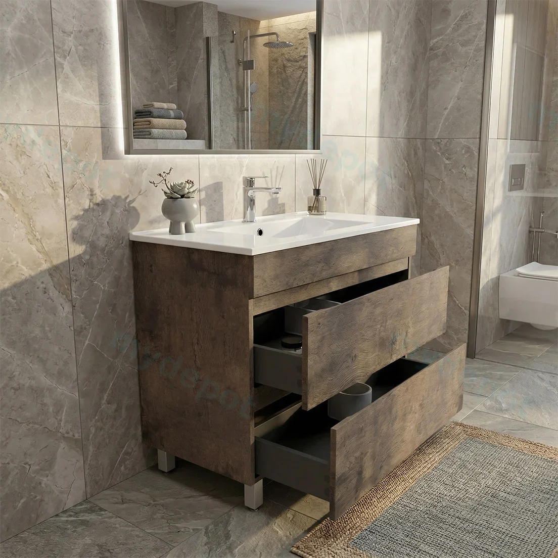 900Lx830Hx450Dmm Dark Oak MDF Board with PVC Vacuum Filmed 2/DW Freestanding Vanity view 5