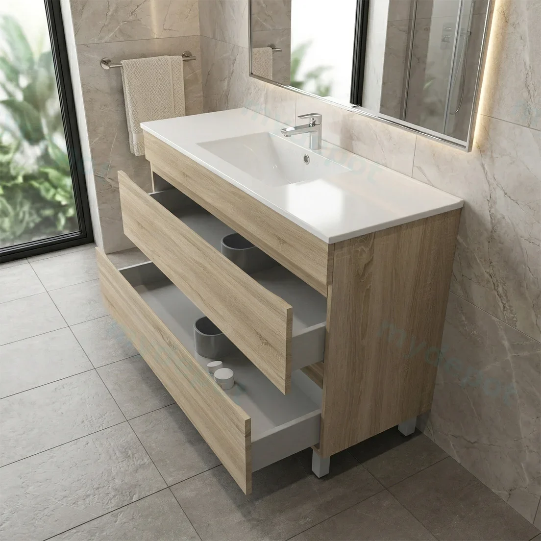 1200mm White Oak MDF 2 Drawers Freestanding Bathroom Vanity Cabinet Only view 3