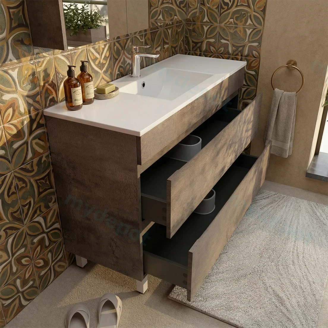 1200mm Dark Oak MDF 2 Drawers Freestanding Bathroom Vanity Cabinet Only view 3