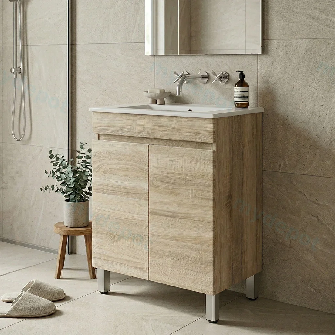 600mm Slim White Oak MDF Freestanding Bathroom Vanity Cabinet Only 2 Doors view 2