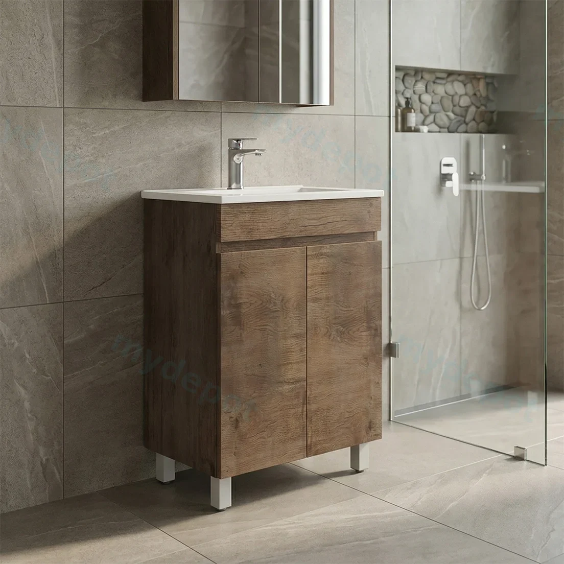 600mm Slim Dark Oak MDF Freestanding Bathroom Vanity Cabinet Only 2 Doors view 6