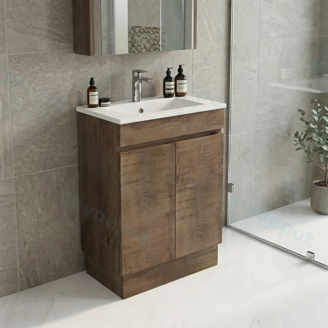 600mm Slim Dark Oak MDF Freestanding Bathroom Vanity Cabinet Only 2 Doors view 7
