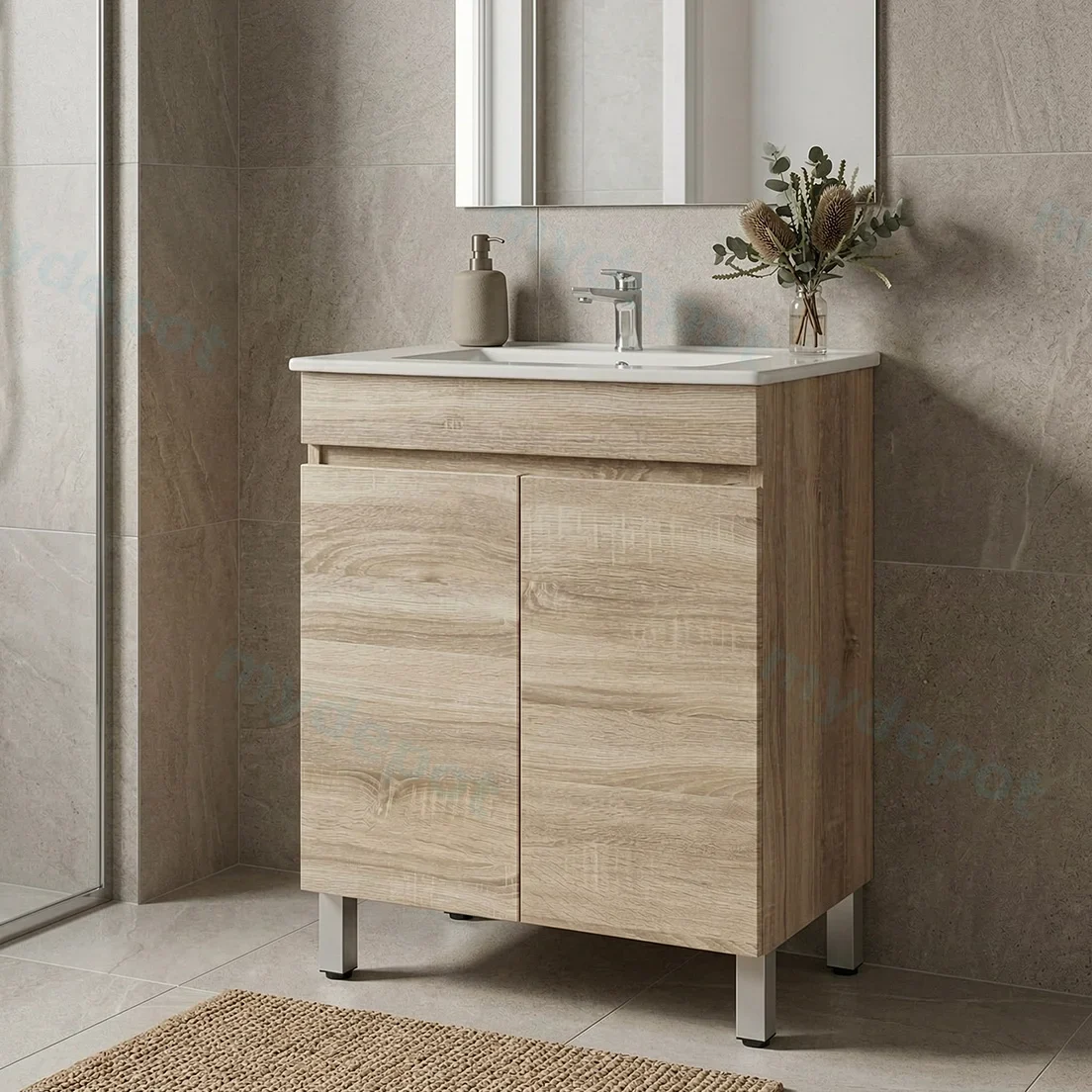 600mm White Oak MDF Freestanding Bathroom Vanity Cabinet Only 2 Doors view 2