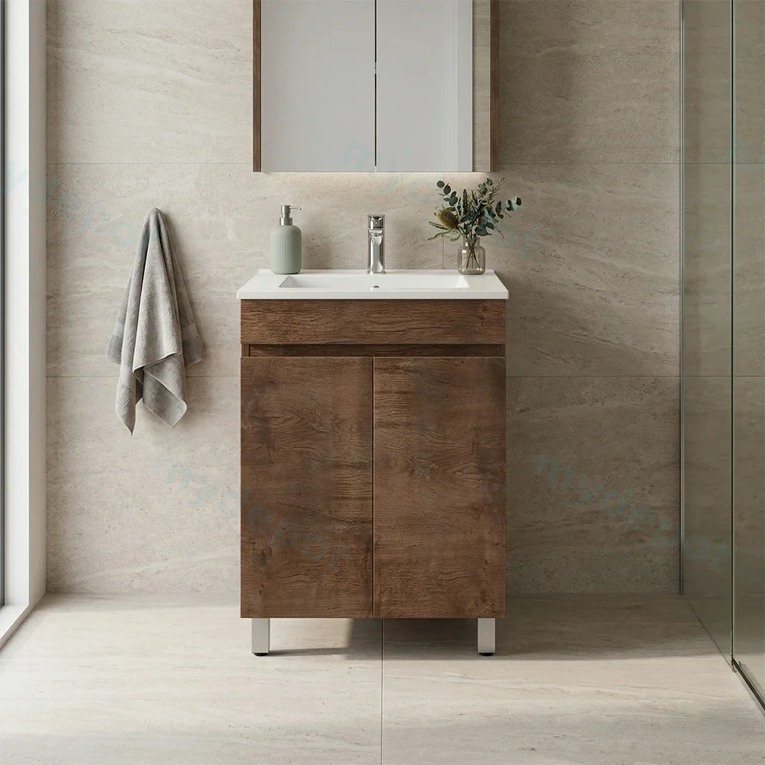 600mm Dark Oak MDF Freestanding Bathroom Vanity Cabinet Only 2 Doors view 5