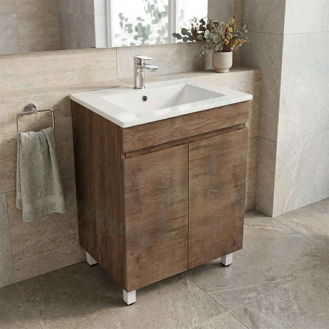 600mm Dark Oak MDF Freestanding Bathroom Vanity Cabinet Only 2 Doors view 6