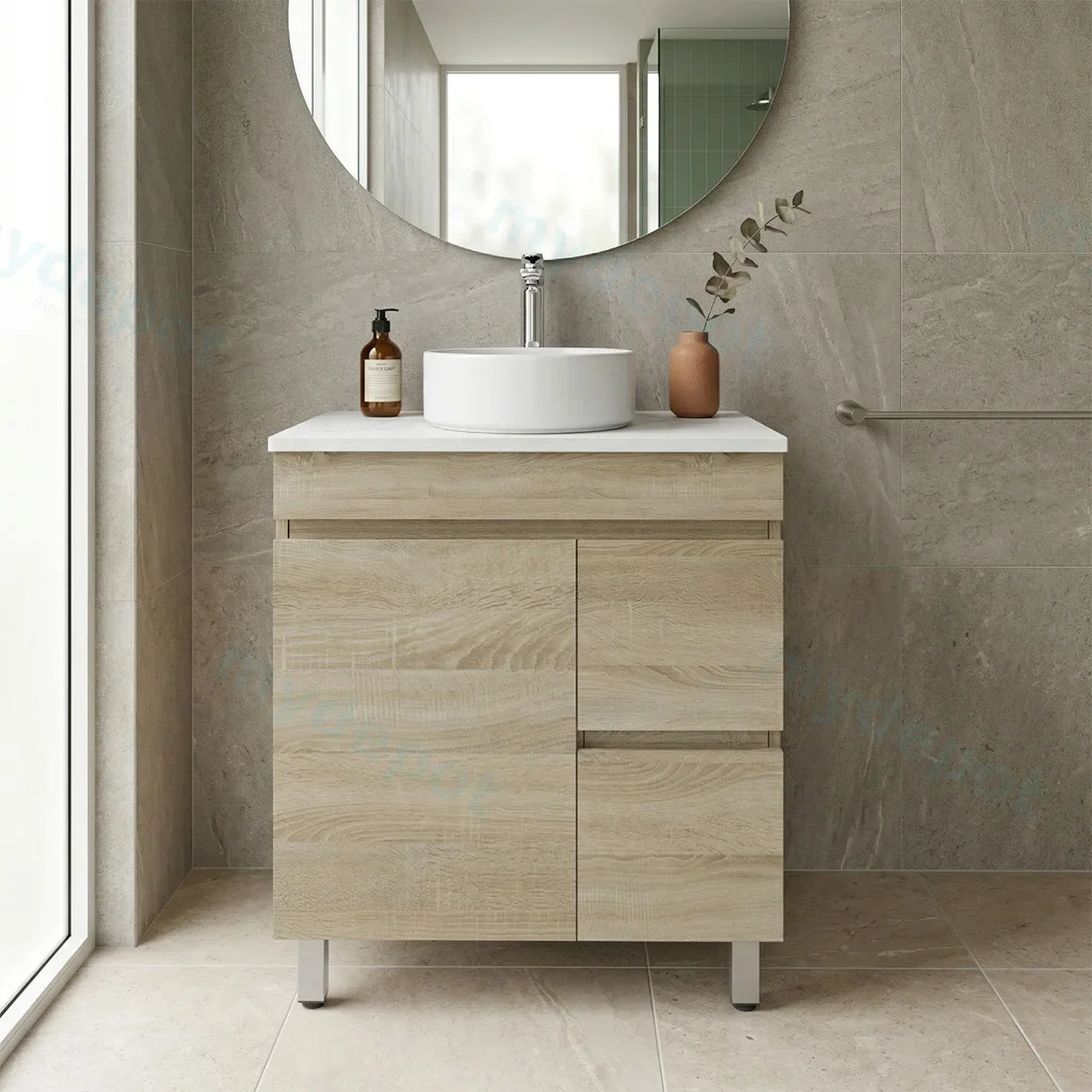 750mm White Oak MDF Freestanding Bathroom Vanity Cabinet Only Right Drawer PVC Vacuum Filmed view 2