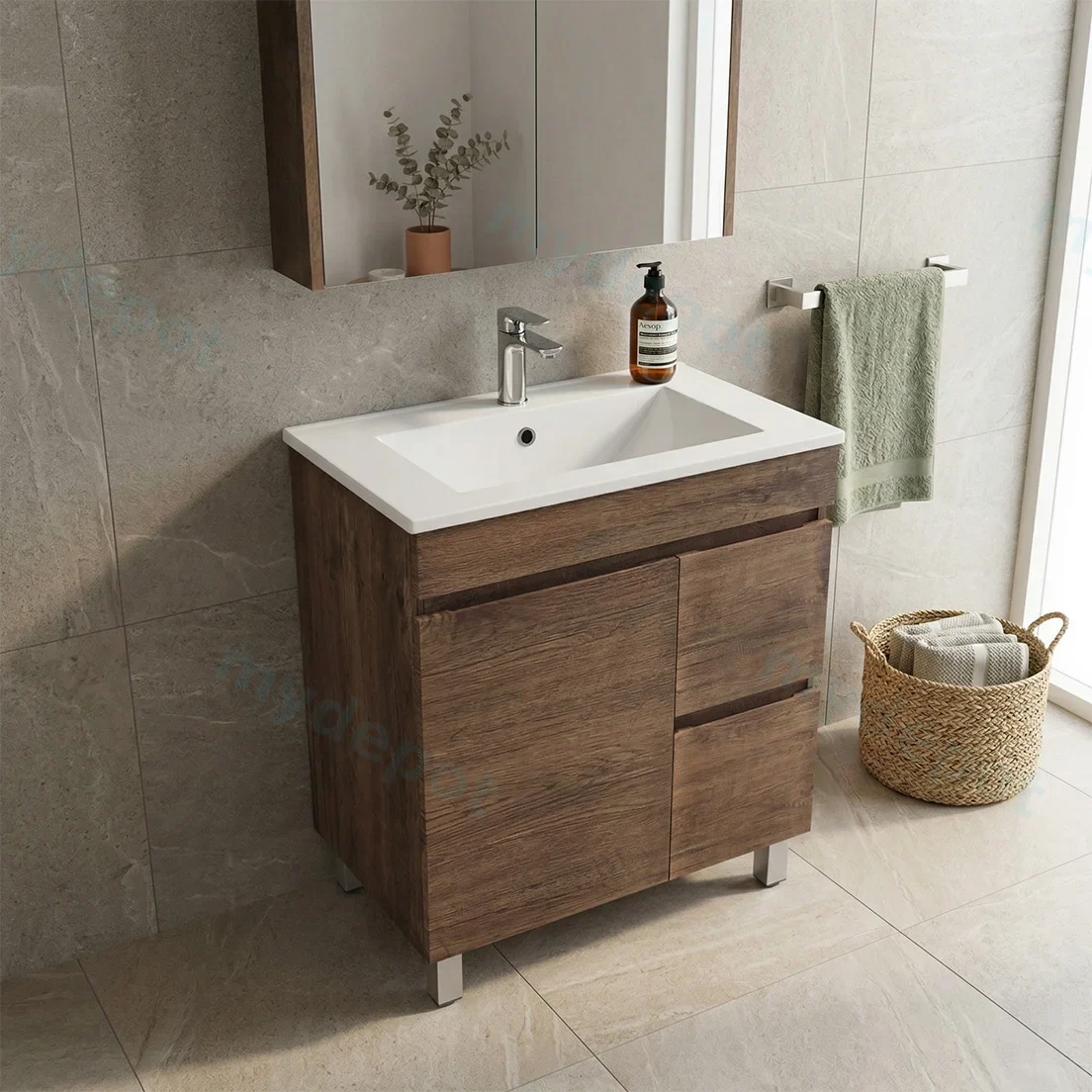 750mm Darl Oak MDF Freestanding Bathroom Vanity Cabinet Only Right Drawer PVC Vacuum Filmed view 2