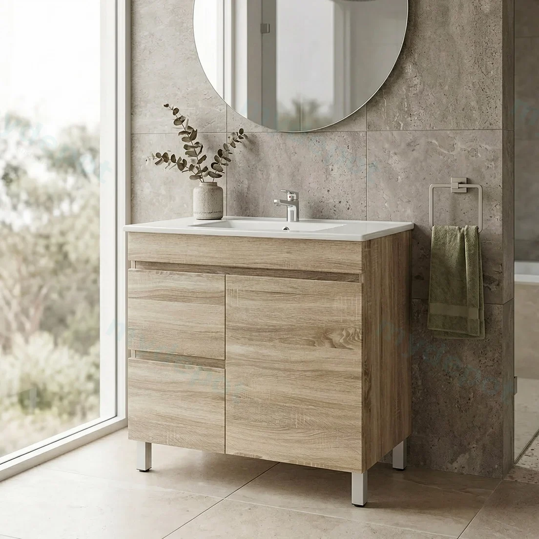 750mm White Oak MDF Freestanding Bathroom Vanity Cabinet Only Left Drawer PVC Vacuum Filmed view 2