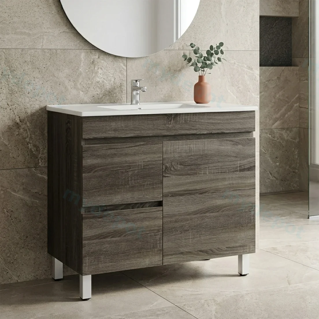 750mm Dark Grey MDF Freestanding Bathroom Vanity Cabinet Only Left Drawer PVC Vacuum Filmed view 2
