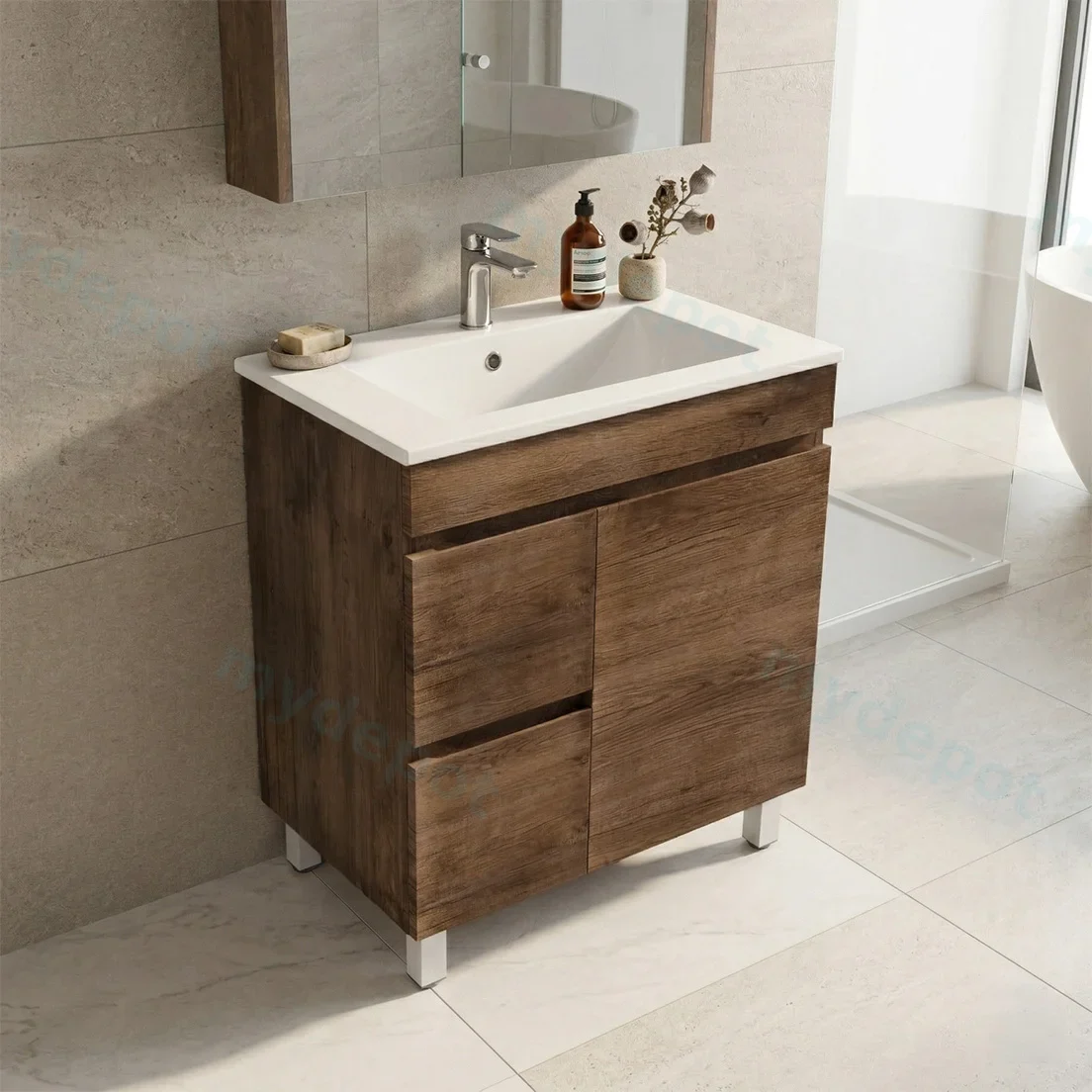 750mm Darl Oak MDF Freestanding Bathroom Vanity Cabinet Only Left Drawer PVC Vacuum Filmed view 2
