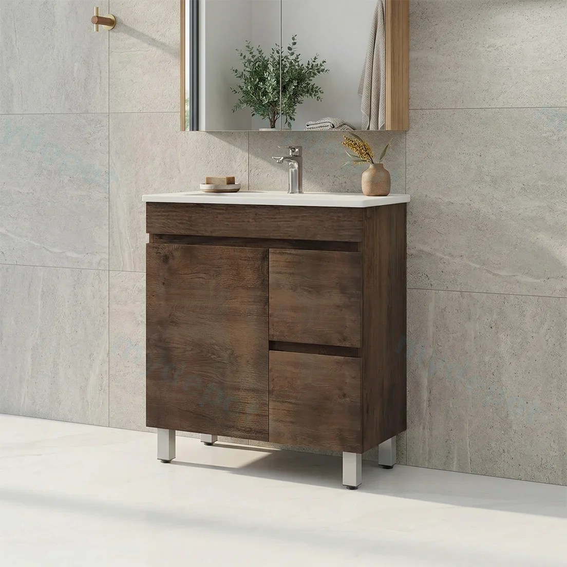 750mm Slim Dark Oak MDF Freestanding Bathroom Vanity Cabinet Only Right Drawer PVC Vacuum Filmed view 2