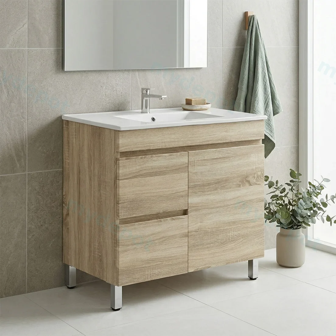 750mm Slim White Oak MDF Freestanding Bathroom Vanity Cabinet Only Left Drawer PVC Vacuum Filmed view 2