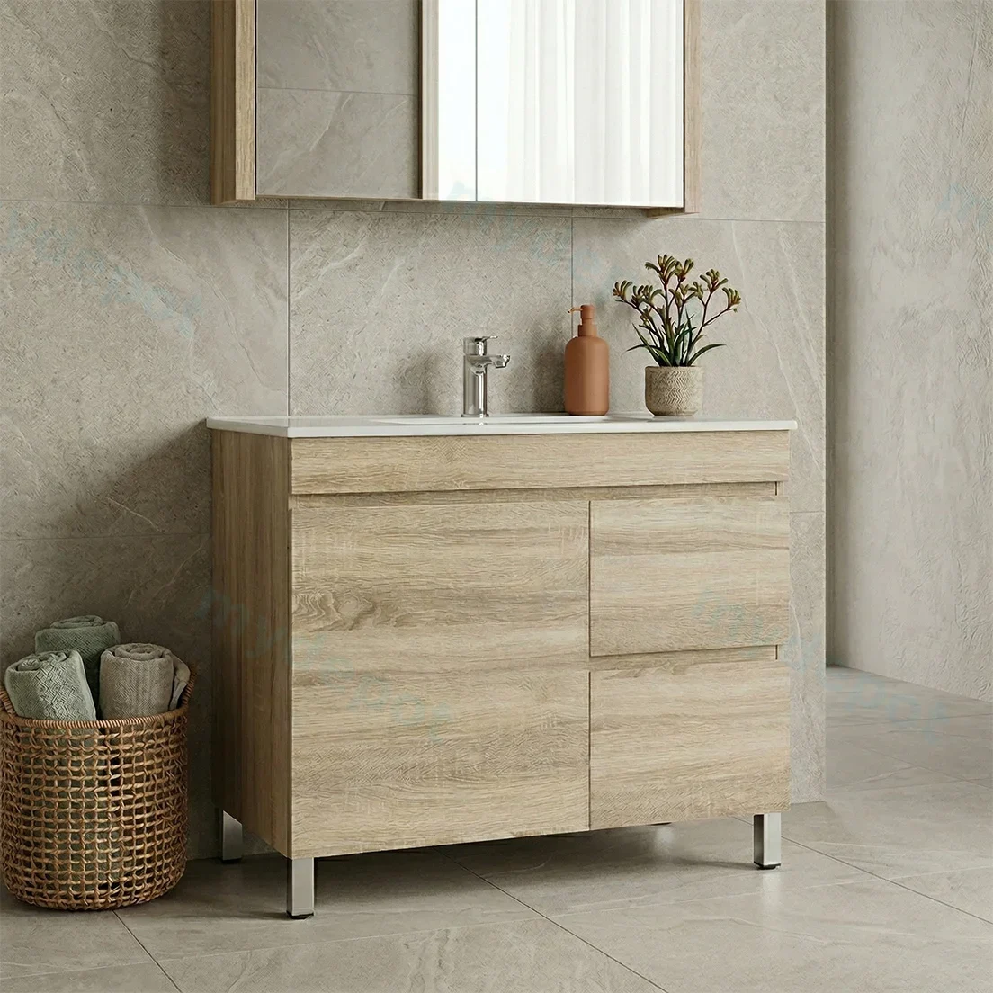900mm White Oak MDF Freestanding Bathroom Vanity Cabinet Only Right Drawer PVC Vacuum Filmed view 2