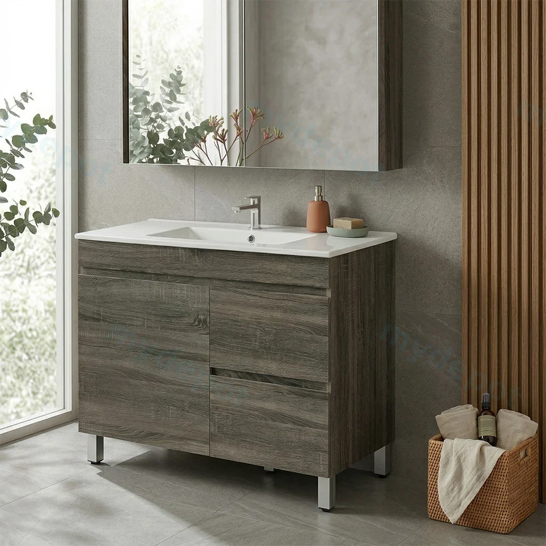 900mm Dark Grey MDF Freestanding Bathroom Vanity Cabinet Only Left Drawer PVC Vacuum Filmed view 2