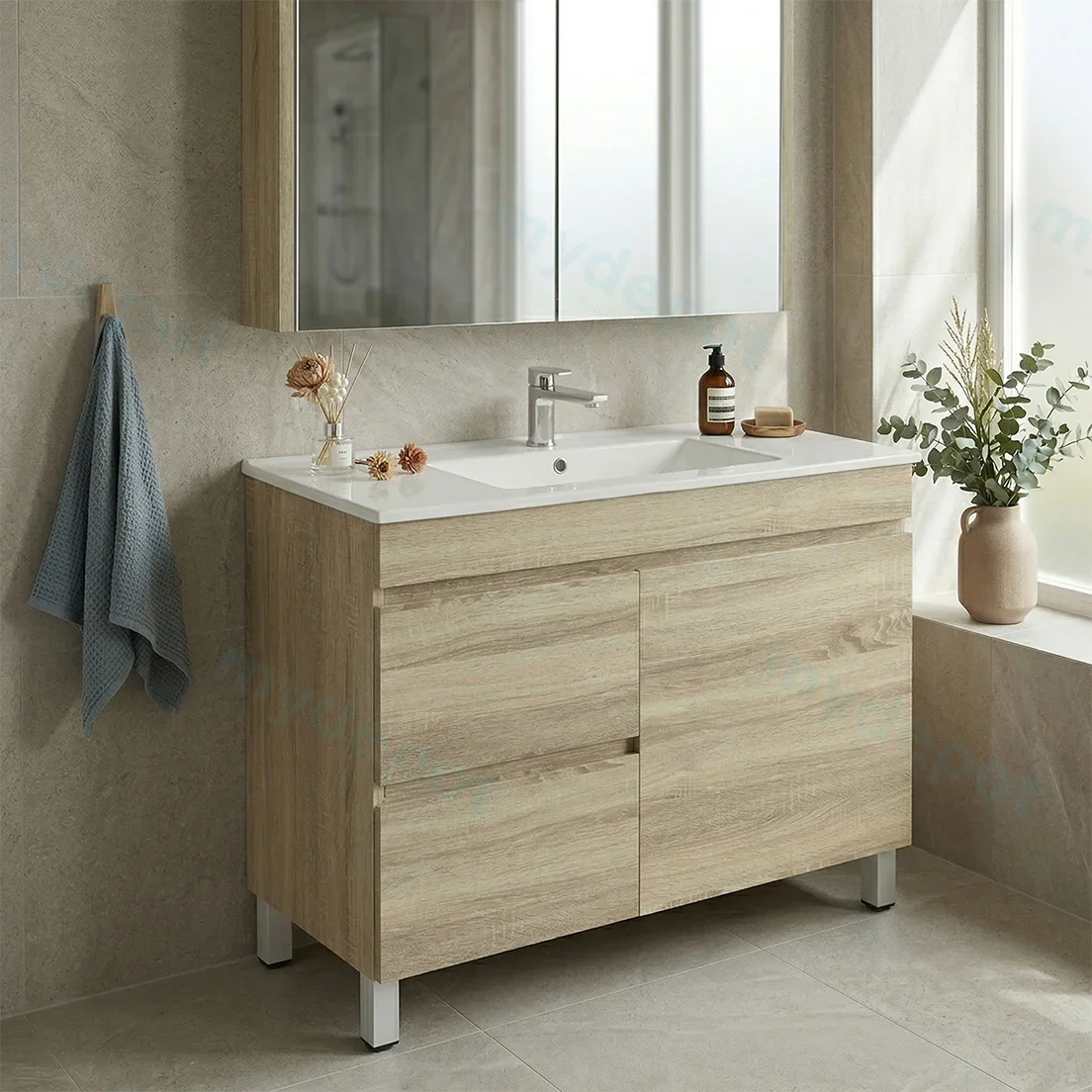 900mm White Oak MDF Freestanding Bathroom Vanity Cabinet Only Left Drawer PVC Vacuum Filmed view 2
