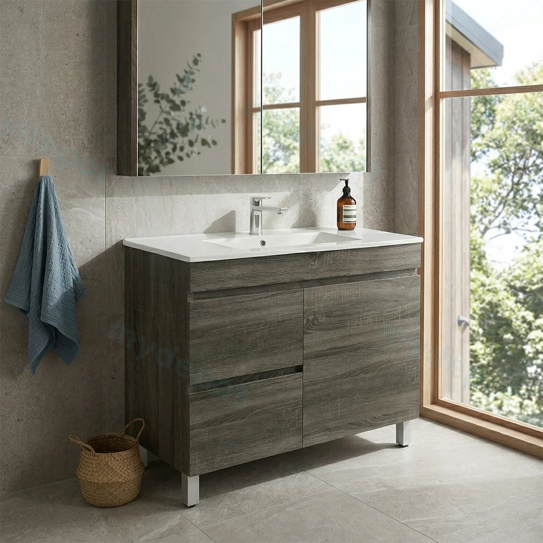 900mm Dark Grey MDF Freestanding Bathroom Vanity Cabinet Only Right Drawer PVC Vacuum Filmed view 2