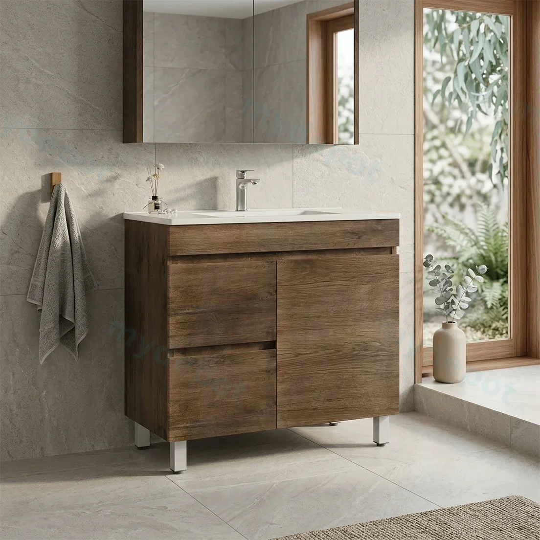 900mm Dark Oak MDF Freestanding Bathroom Vanity Cabinet Only Right Drawer PVC Vacuum Filmed view 2