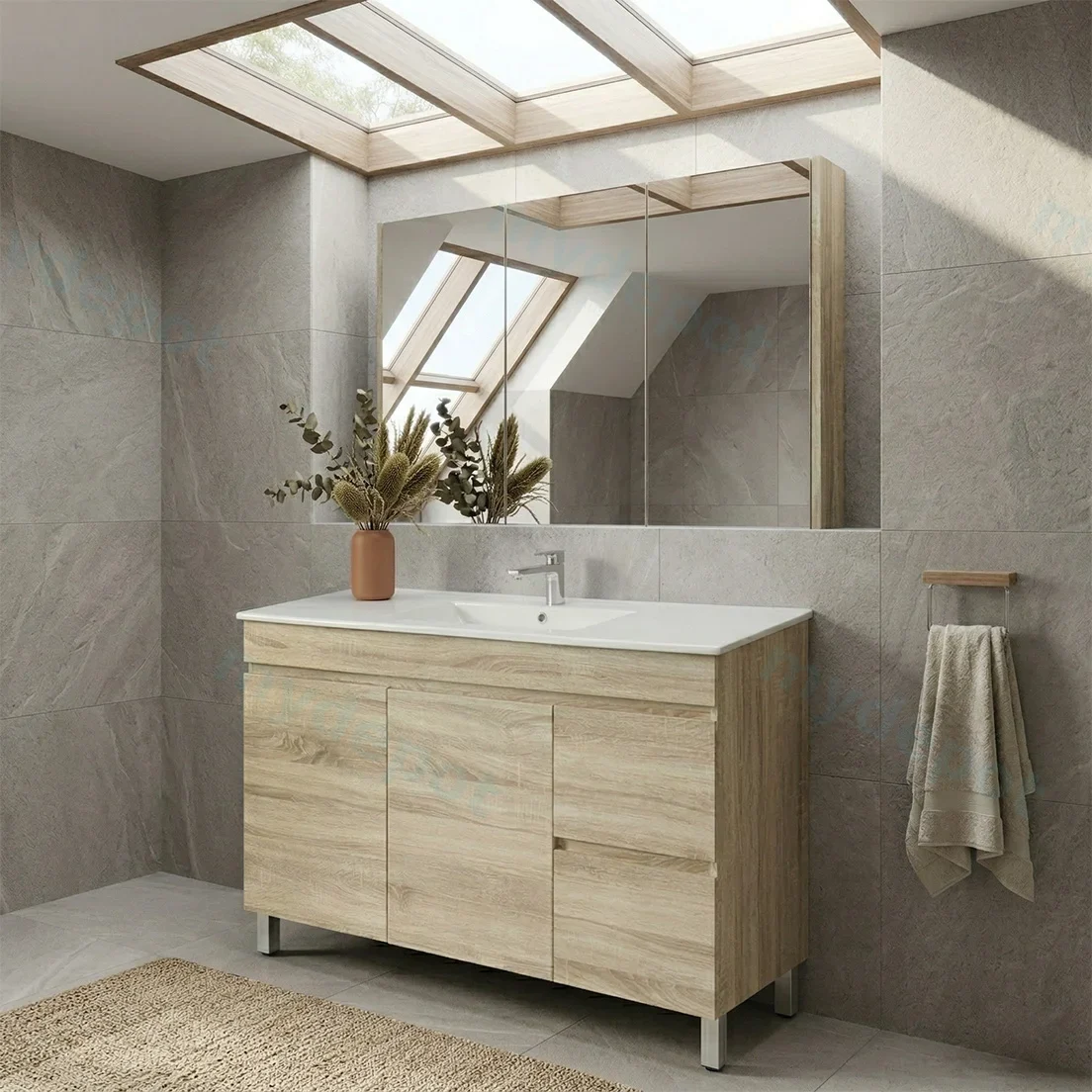 1200mm White Oak MDF Freestanding Bathroom Vanity Cabinet Only Right Drawer PVC Vacuum Filmed view 2