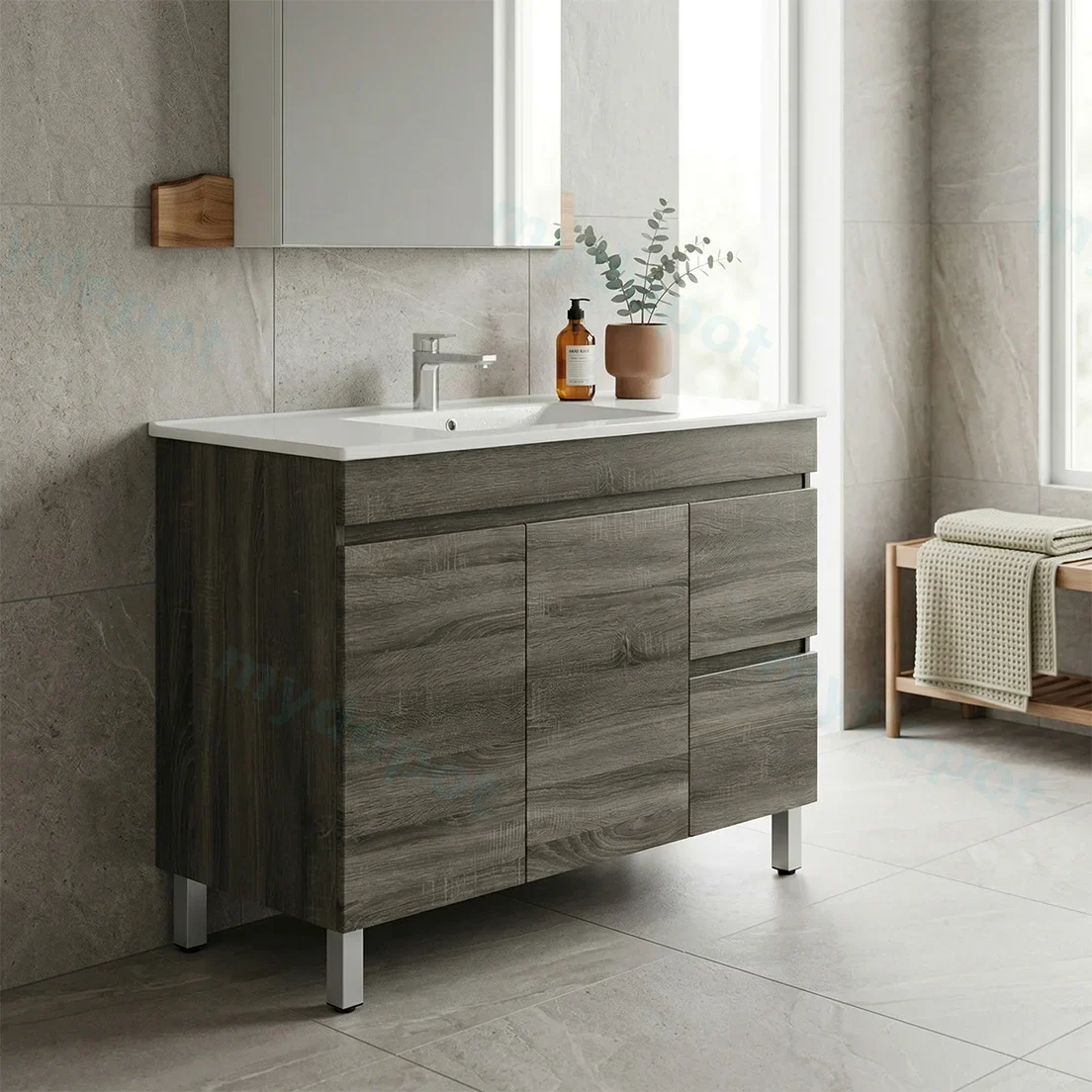 1200mm Dark Grey MDF Freestanding Bathroom Vanity Cabinet Only Right Drawer PVC Vacuum Filmed view 2