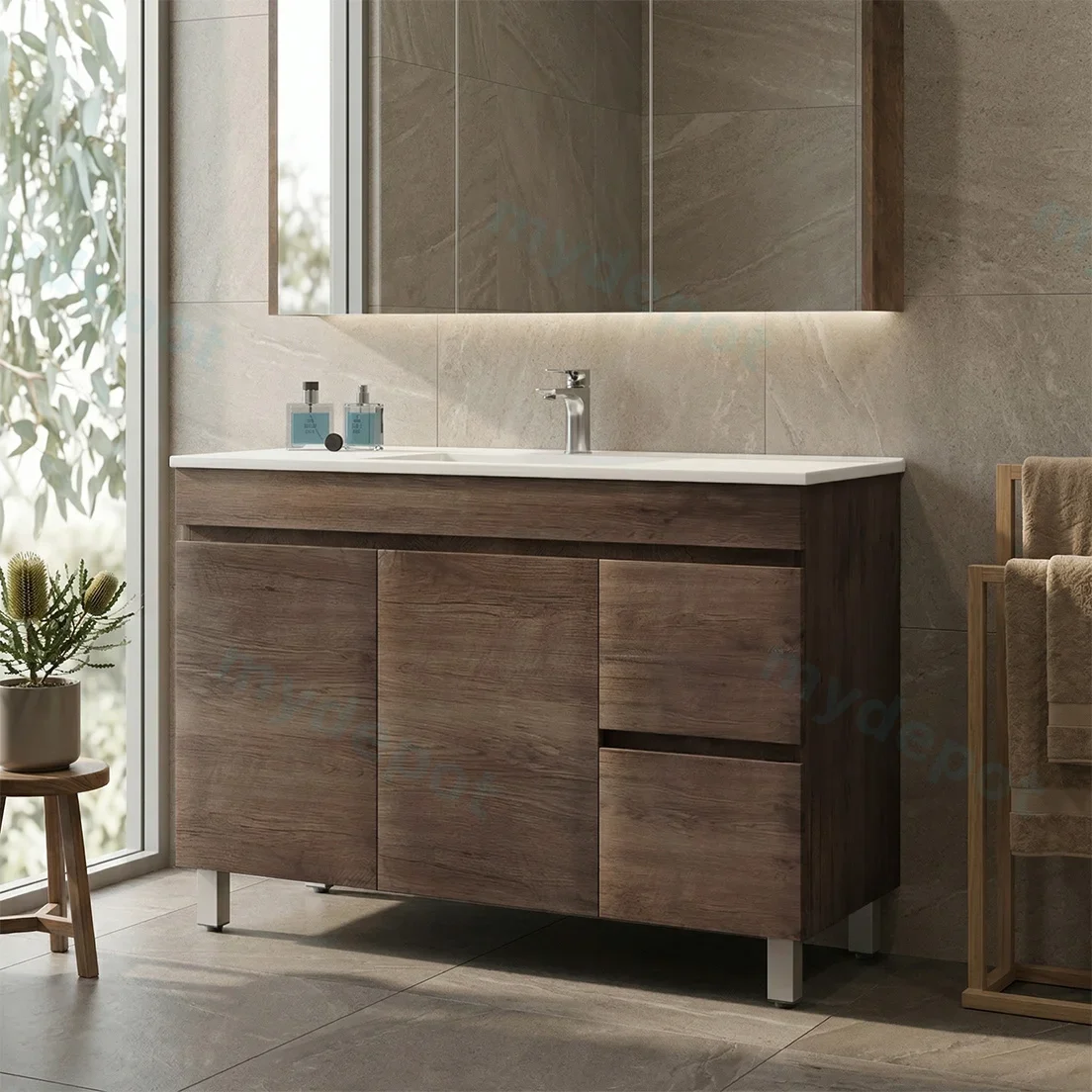 1200mm Dark Oak MDF Freestanding Bathroom Vanity Cabinet Only Right Drawer PVC Vacuum Filmed view 2