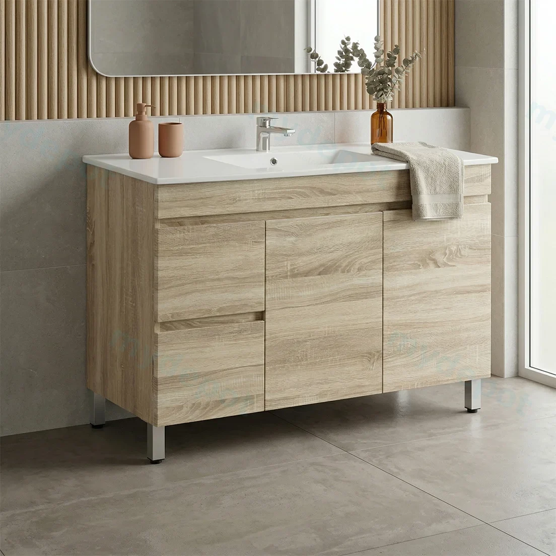1200mm White Oak MDF Freestanding Bathroom Vanity Cabinet Only Left Drawer PVC Vacuum Filmed view 2