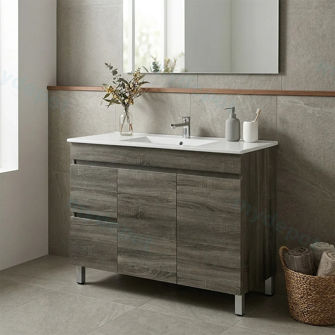 1200mm Dark Grey MDF Freestanding Bathroom Vanity Cabinet Only Left Drawer PVC Vacuum Filmed view 2