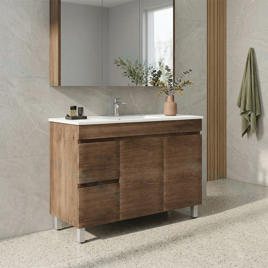1200mm Dark Oak MDF Freestanding Bathroom Vanity Cabinet Only Left Drawer PVC Vacuum Filmed view 2