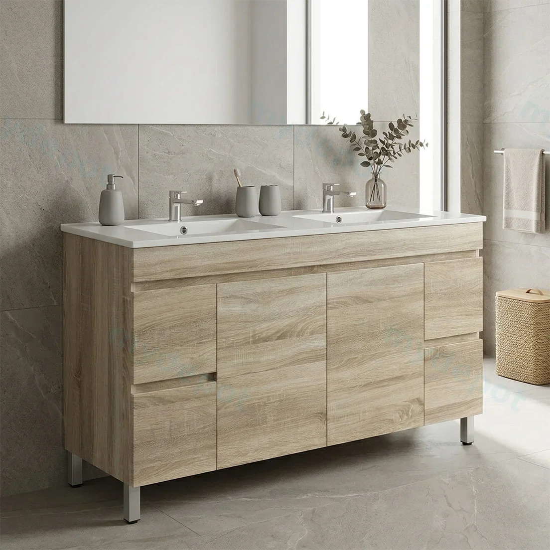 1500mm White Oak MDF Freestanding Bathroom Vanity Cabinet Only PVC Vacuum Filmed view 2