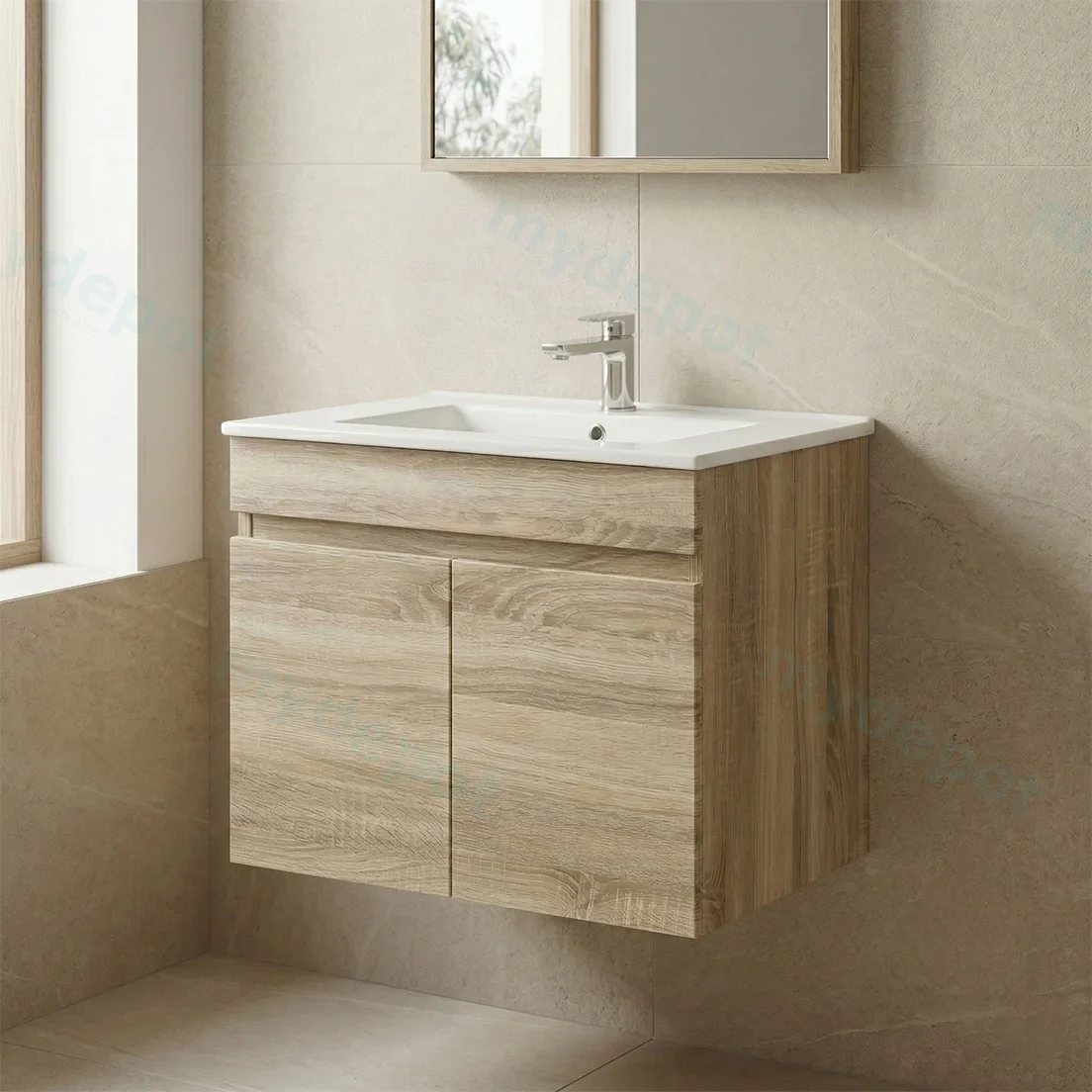600mm White Oak MDF Wall Hung Bathroom Vanity Cabinet Only 2 Doors view 2