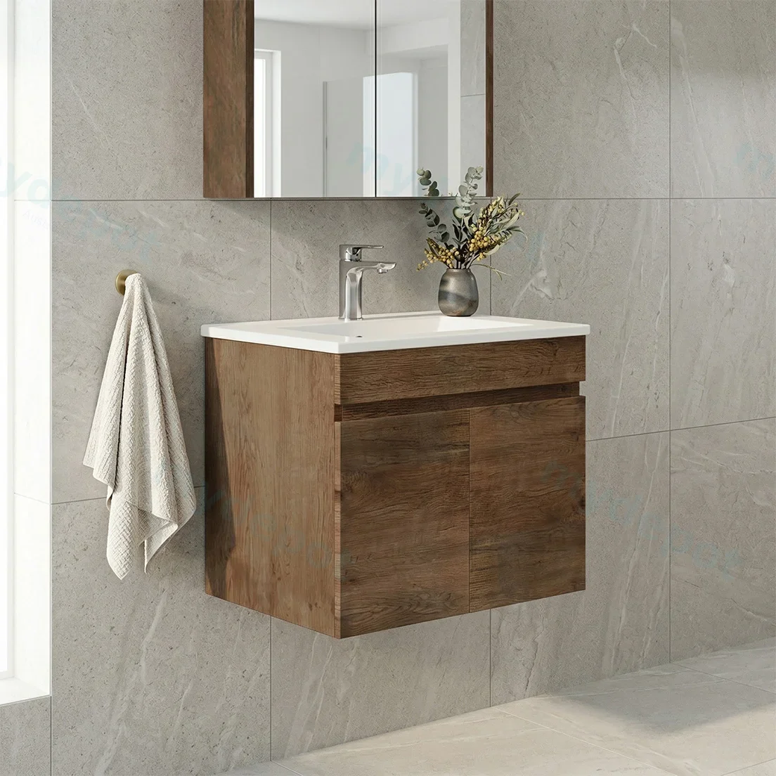 600mm Dark Oak MDF Wall Hung Bathroom Vanity Cabinet Only 2 Doors view 2