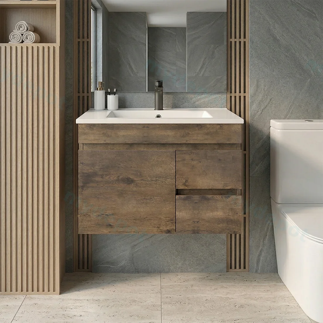 750mm Dark Oak MDF Wall Hung Bathroom Vanity Cabinet Only Right Drawer PVC Vacuum Filmed view 3