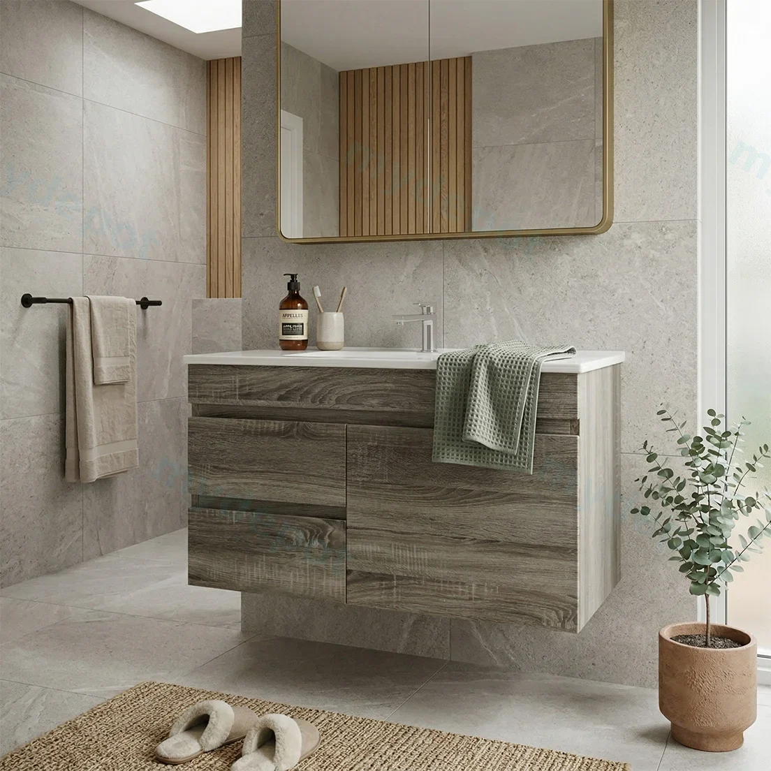 750mm Dark Grey MDF Wall Hung Bathroom Vanity Cabinet Only Left Drawer PVC Vacuum Filmed view 2